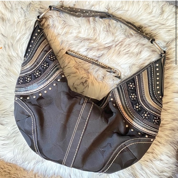 Coach signature suede leather canvas grommet black silver purse 2000s Y2K - Picture 2 of 16